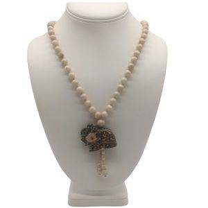 Beaded Necklace with Leopard skin jasper craved elephant and creamy round beads